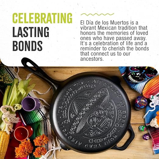 Victoria 12-Inch Day of the Dead La Calaca Cast Iron Skillet, Dia de los Muertos Seasoned Cast Iron Frying Pan with Long Handle, Made in Colombia