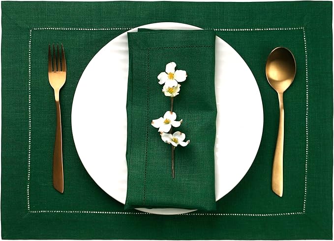 D'Moksha Homes Linen Placemats Set of 4 - Classic Hemstitch Forest Green Placemats 14 x 19 Inch - 100% Pure Linen Table Mats for St Patricks Day, Easter - Handcrafted and Machine Washable