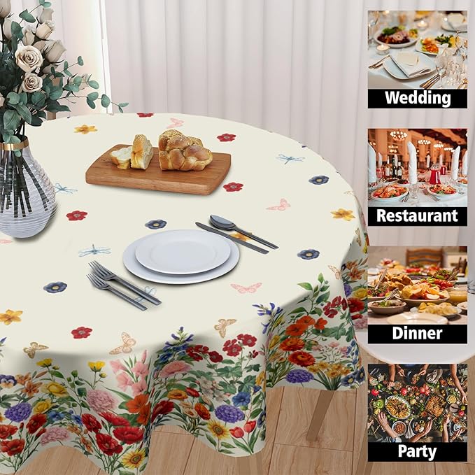 Spring Summer Flower Round Tablecloth 60 Inch Vintage Floral Butterfly Polyester Table Cloth Rustic Farmhouse Table Cover Decoration for Kitchen Dinner Party