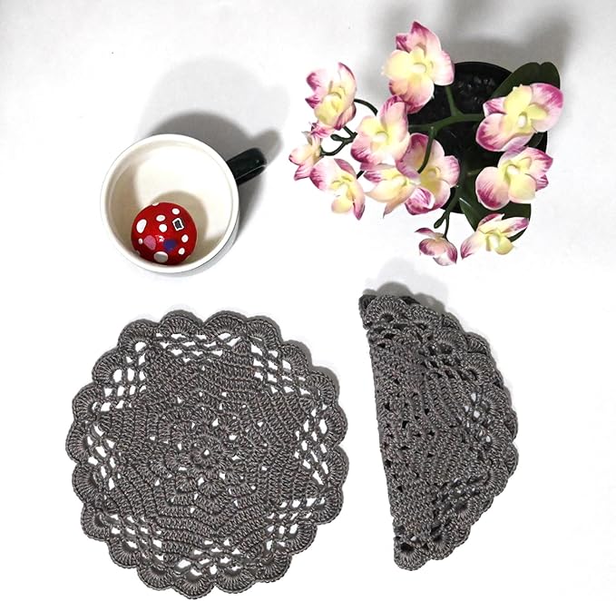 BIBITIME Handmade Crochet Round Lace Doilies Kitchen Table Placemats Wedding Tea Flower Vase Cup Mats (Dark Grey, 6" to 7",Pack of 2PCS)