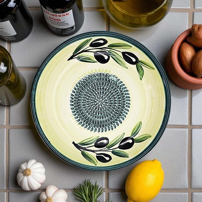 Ceramic Grater Bowl, Garlice Grater Plate, Handmade Ginger Grater, Mincer Bowl for Cheese &Vegetables, Ceramic Decorative Mincer, Hand Dish for Garlic (Sunny Olives)
