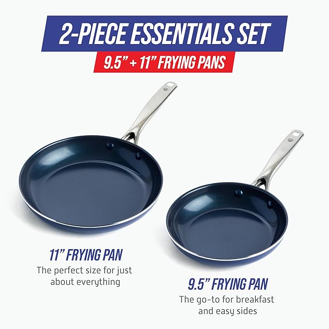 Blue Diamond 9.5” & 11" Nonstick Frying Pan Skillet Set, Diamond Infused PFAS-Free Ceramic, Dishwasher & Oven Safe, Stainless Steel Handle, Durable Non Toxic Metal Utensil Safe, Egg & Omelet Pans,Blue
