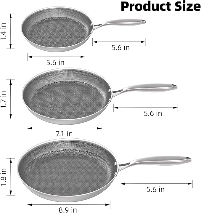 COOKER KING Stainless Steel Pans Set of 3 (8+10+12 Inch), Nonstick Frying Pans, Induction Pan Set, Chef's Pan, Skillets Dishwasher & Oven Safe, Stay-Cool Handles, Compatible with All Cooktops