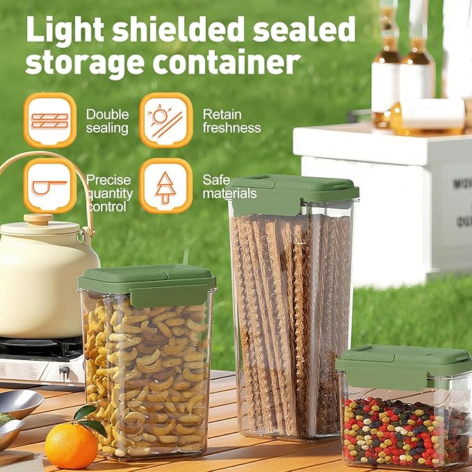 3-Piece Airtight Storage Set - 1200ml+2000ml+2800ml with Handheld Design, BPA-Free Food-Grade, Stackable Organizers for Flour, Grains, Oats, Pasta, Pet Food (Light Grass Green)