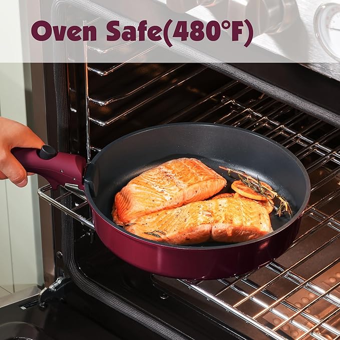 SENSARTE 17 Piece Pots and Pans Set, Nonstick Detachable Handle Cookware Set, Induction Thermo-Signal Cookware Set with Removable Handle, Healthy Non Stick for RV, Dishwasher ＆ Oven Safe (Purple)
