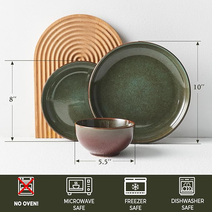 24 Piece Dinnerware Sets for 8, Modern Stoneware Plates and Bowls Setst, Perfect for Family Gatherings & Holiday Celebrations, Easy Cleaning Dishes Set, Stack Compactly Dishware, Brown Green