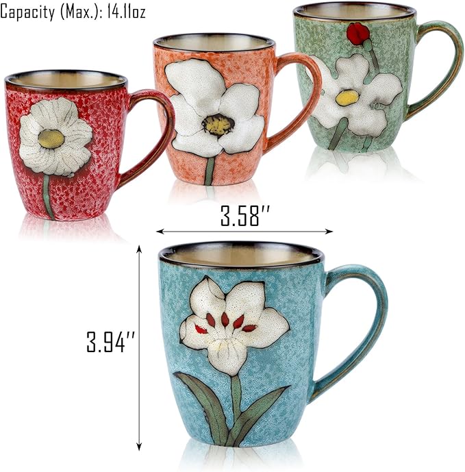 VanEnjoy 13oz Coffee Mug 4 Set of Ceramic Coffee Cups Cappuccino Cups Set Vintage Coffee Mugs for Home Cafe Floral Mugs for Tea Latte Espresso