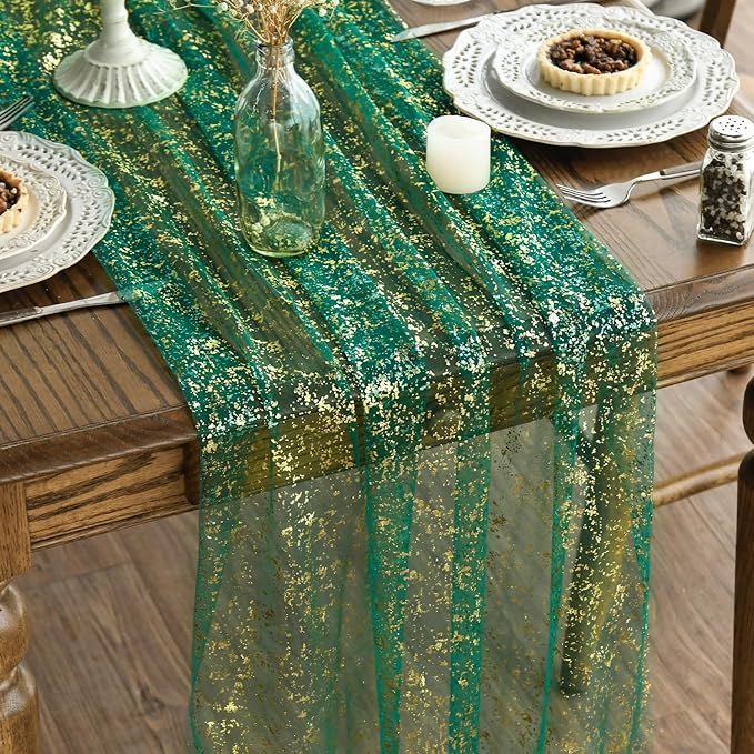 Artoid Mode Green Gold Gauze Table Runner 59x120 Inch 10FT, Glitter Metallic Foil Sheer Dining Wedding Anniversary Holiday Table Decor for Home Party