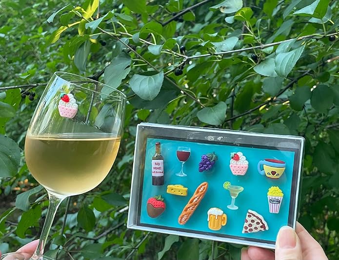 Simply Charmed Magnetic Wine Glass Charms – Drink Markers for Guys and Gals, Happy Hour Fun, Set of 12, Unique Wine Bottle and Charcuterie Designs