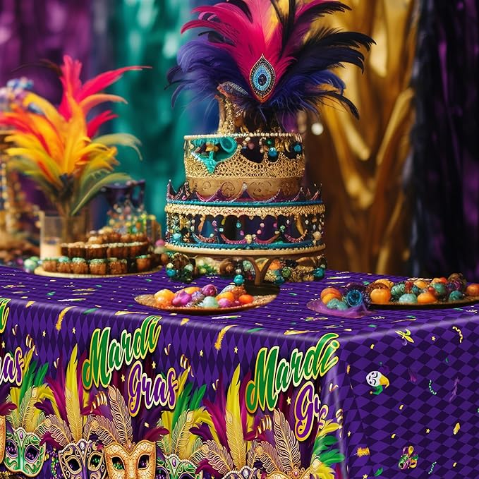 6 Pcs Mardi Gras Decorations, 54 X 108 Inches Mardi Gras Tablecloth Rectangular Table Cover, Disposable Purple Masquerade Mask Feather Tablecover, Plastic Tablecover For Masquerade Party Decorations