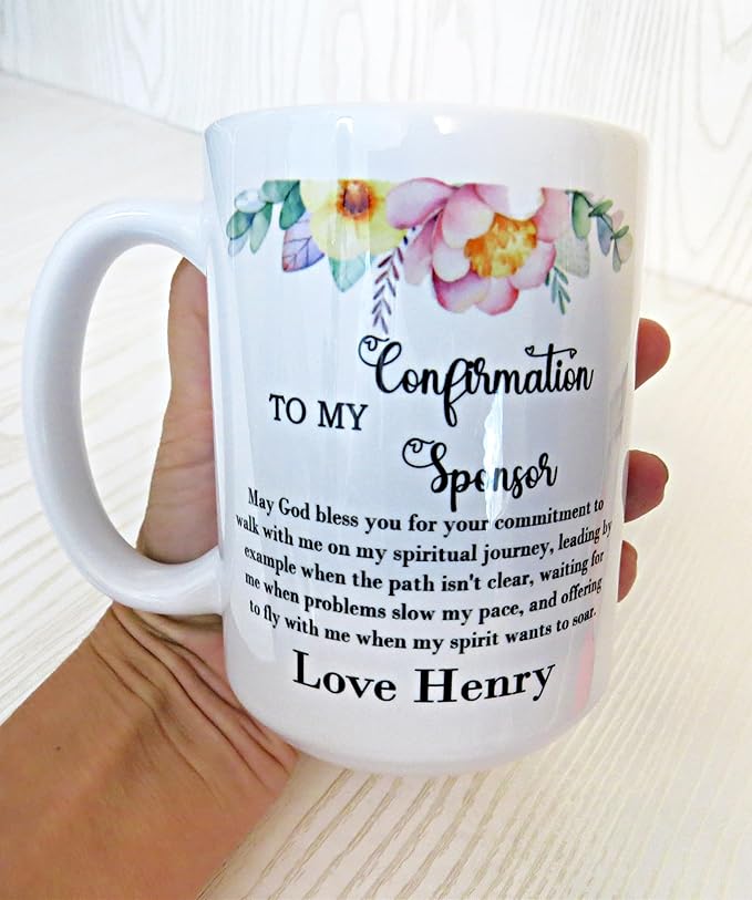 Personalized Confirmation Sponsor Mug – Custom Thank You Gift with Name – Religious Appreciation Present for Mentor or Godparent – Floral Faith Keepsake