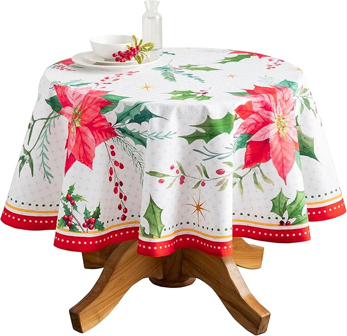 Maison d' Hermine Table Cloth Round Table 100% Cotton 69 Inches Fall Tablecloth Reusable Everyday Use for Thanksgiving Christmas Decorations Dining Farmhouse Party (Poinsettia Christmas)