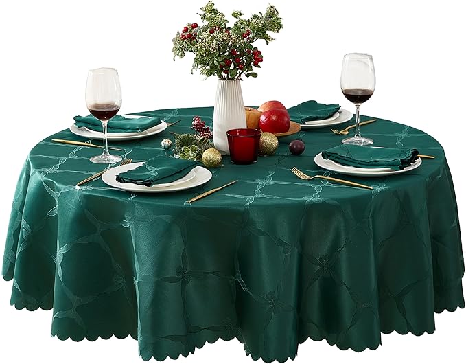 Newbridge Round Tablecloth, 70 Inch, Spring and Easter Ribbons and Bows Damask, Wrinkle and Stain Resistant Fabric Table Cloth, Holiday Evergreen