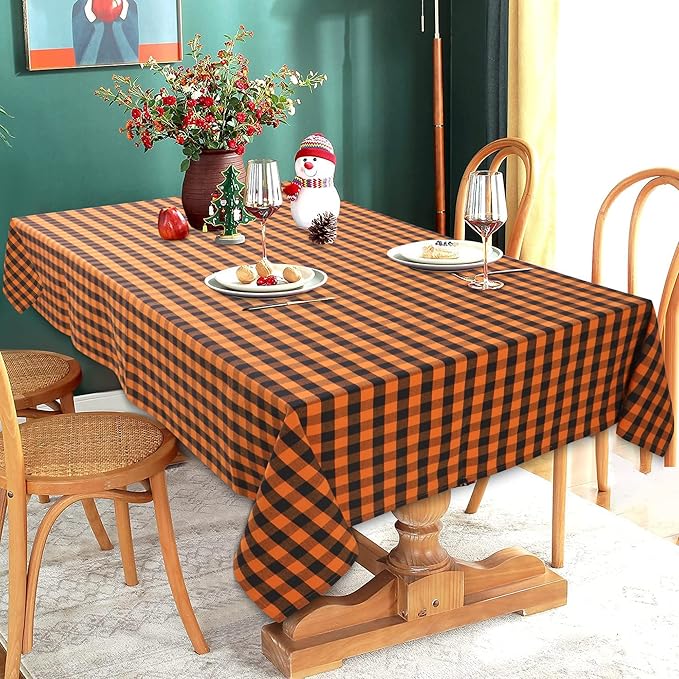 Urban Villa Halloween Tablecloth Buffalo Check Table Cloth Tabletop Cover Kitchen Dining Tablecloth Size- 60"X102"100% Cotton Ideal for Parties Wedding Holiday Dinner Orange/Black Rectangle 8-10 Seats