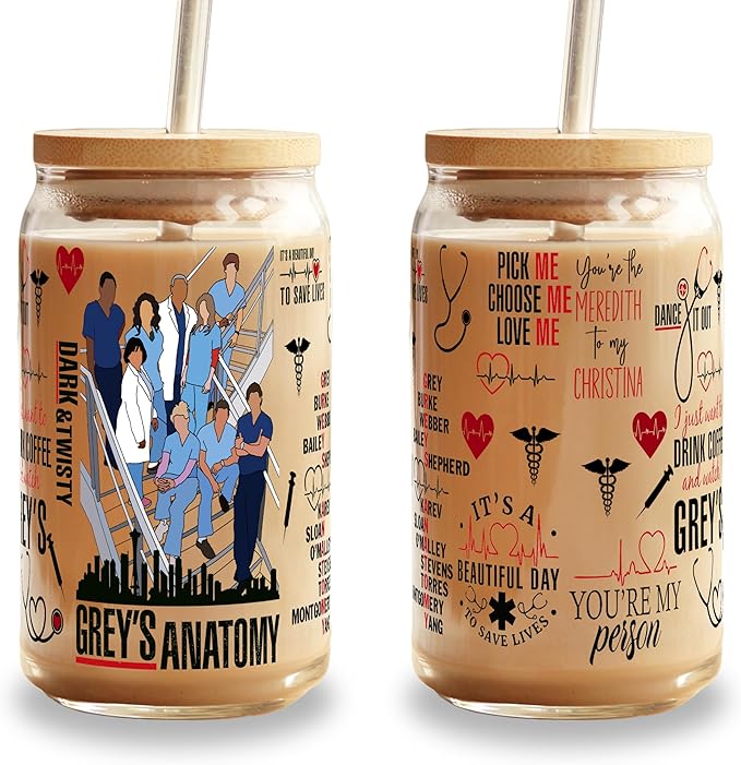 Sip-Sip Hooray! Greys Anatomy 16oz Glass Can Cup with Lid and Straw, Grey Sloan Quote Iced Coffee Tumbler, Dishwasher Safe Nurse Gift, Medical Student Glass Mug, Inspirational Drinkware for Women