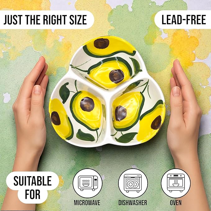 Ceramic Chip & Dip Bowl 7.5”, 3-Compartment Divided Serving Dish & Condiment Tray for Appetizers – Handmade in Spain, Lead-Free Glaze, Microwave, Oven & Dishwasher Safe