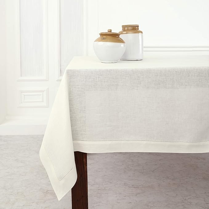 Solino Home Linen Ivory Tablecloth 60 x 144 Inch - Classic Hemstitch, 100% Pure Linen Rectangular Tablecloth - Machine Washable Table Cloth for Spring, Easter