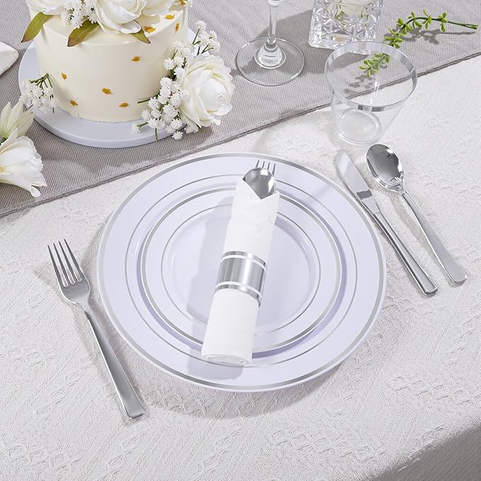 DaYammi 350PCS Silver Plastic Dinnerware Set for 50 Guests, Fancy Disposable Plates for Party, Include: 50 Dinner Plates, 50 Dessert Plates, 50 Pre Rolled Napkins with Silver Silverware, 50 Cups