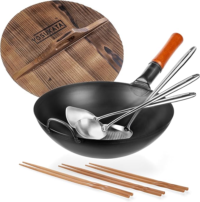 YOSUKATA Carbon Steel Wok Pan – 13,5 “ Stir Fry Pans + Wooden Wok Lid 13.5 + 17" Spatula and Ladle Skimmer + Natural Wooden Long Cooking Chopsticks Set of 3