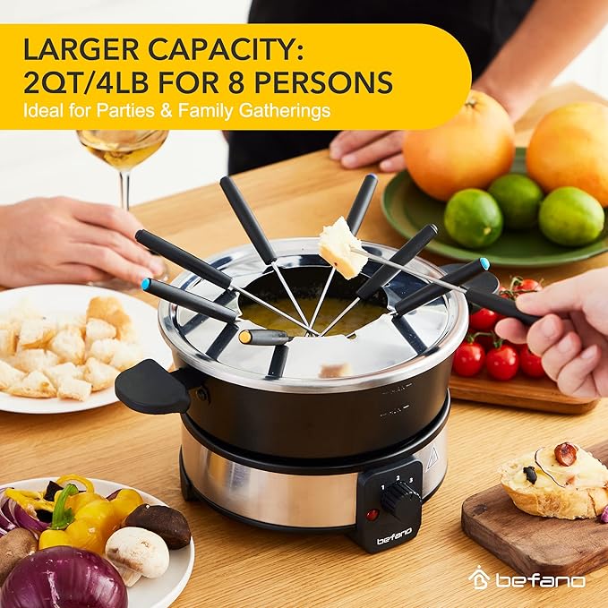 Stainless Steel Fondue Pot with Temperature Control, Forks, Cups, and Rack, 2-Quart, Non-Stick, Perfect for Chocolate, Cheese, Caramel, Marshmallows, Great for Valentine's Day