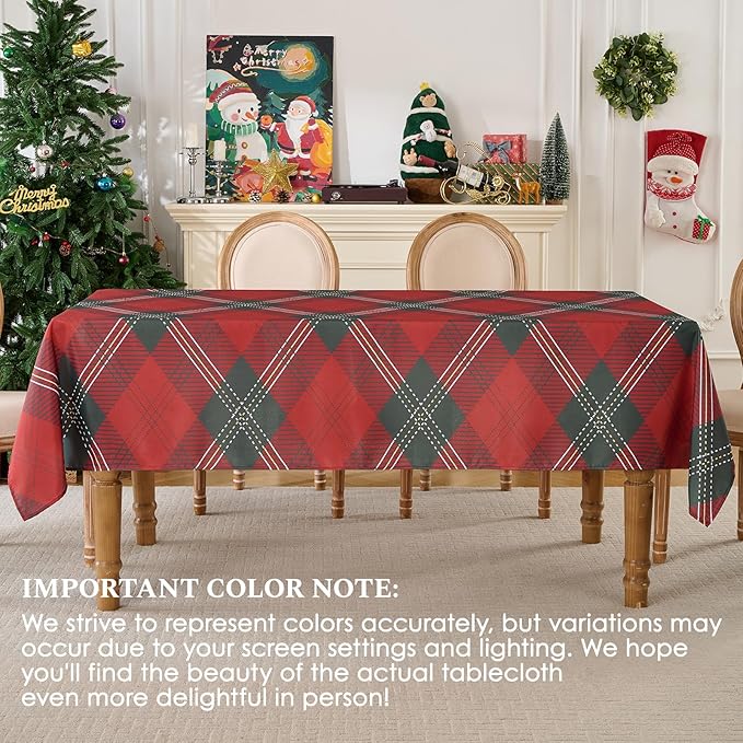 Christmas Tablecloth Rectangular 60x102 Inch Waterproof Table Cloth for 6ft, Washable Polyester Table Cover for Xmas Party, Winter Holiday Home Decoration in Festive Checkered Green 1pack