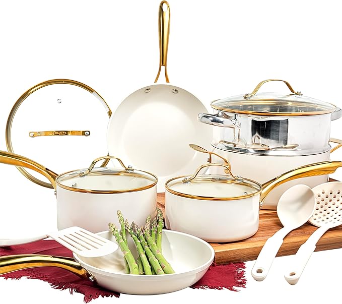 Gotham Steel 15 Pc Ceramic Cookware Set, Ceramic Pots and Pans Set Non Stick with Cooking Utensils and Steamer, Non Toxic PFOA PFOS Free, Premium Gold Stay Cool Handles, Oven & Dishwasher Safe