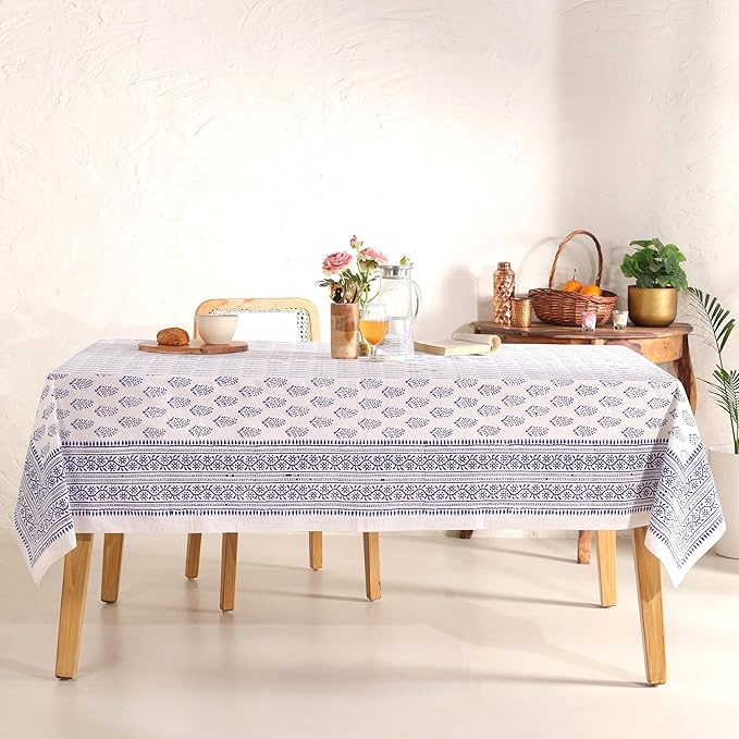 Hand Block Printed Table Cover - Exquisite Design, Premium Cotton Fabric, Perfect for Dining and Decor, Dining Table Linen (Blue Buti, 12 Seater 72 x 135 Inches Rectangle)