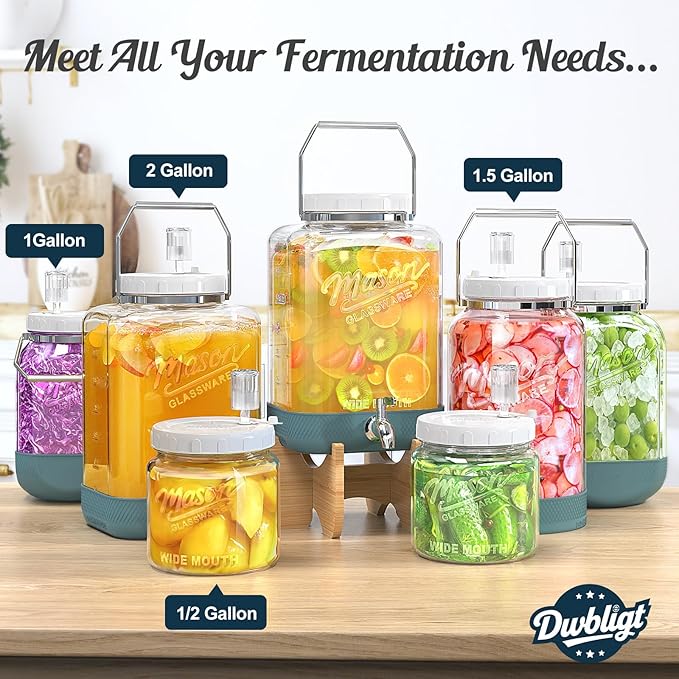 2 Pack Large Fermentation Jars with Airlock, 2 Gallon Glass Jar with Airtight Lid-Wide Mouth Mason Jar with Handle & Non-slip Base for Mead Making & Kombucha, Pickle Jar, Kimchi Containers
