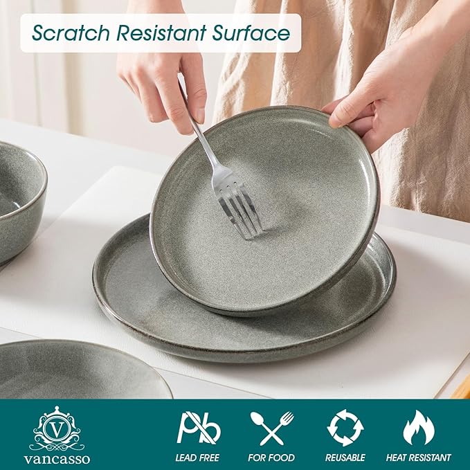 vancasso ANYA 24 Pieces Plates and Bowls Set, Stone Grey Dinnerware Sets, Reactive Glaze Dishes Set for 6, Ceramic Dishware Sets Kitchen Dinner Set, Microwave & Dishwasher Safe