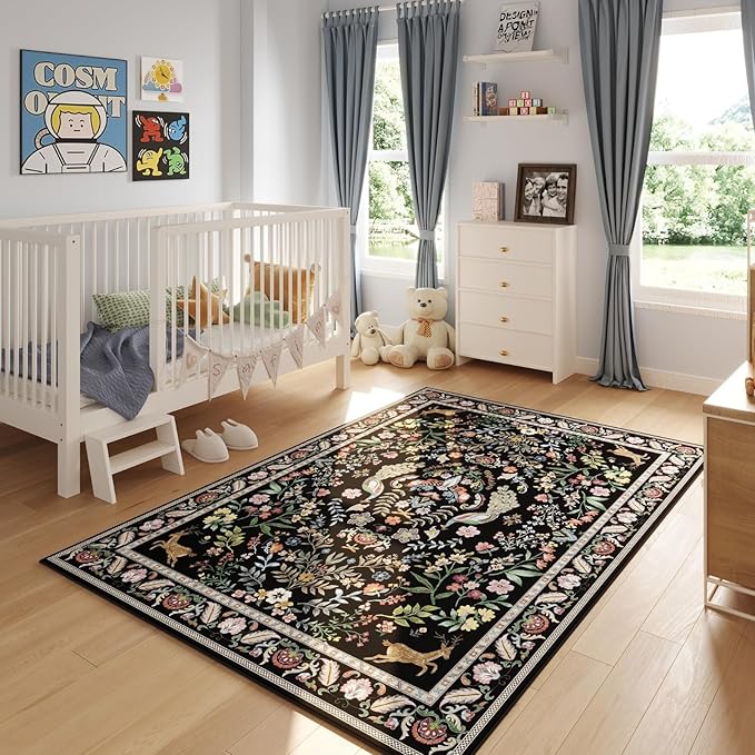 Rugcomf 9x12 Area Rugs for Living Room Washable Rug Floral Non-Slip Large Rug for Living Room, Bedroom, Farmhouse, Dining Room, Kids Playroom (Vibrant Black)