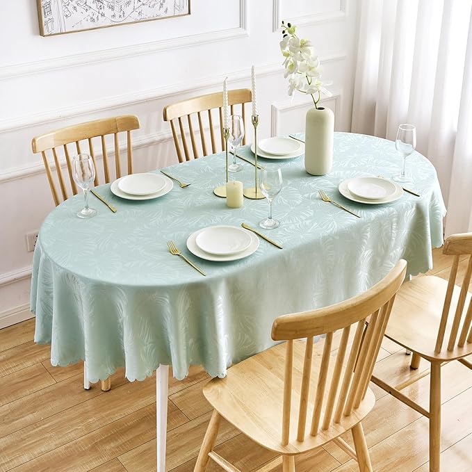 Oval Tablecloth 60x84 Inch Table Cloth Leaves Pattern Scalloped Edge Silky Soft Fabric Waterproof Wrinkle Free Washable Table Cover for Kitchen Dinning Party Decoration (Aqua)