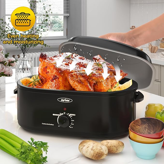 22-Quart Electric Roaster Oven with Removable Pan and Self-Basting Lid, Perfect for Turkey Roasting with Temperature Control from 150 to 450°F and Cool-Touch Handles，Black