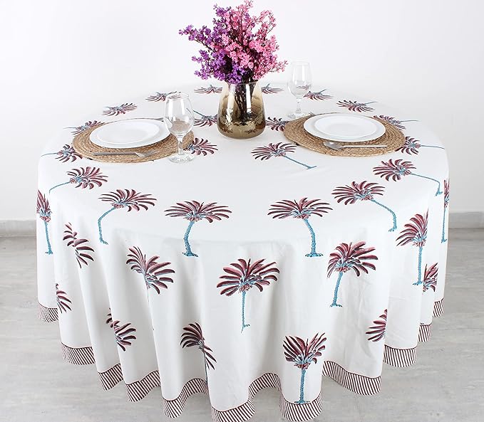Ridhi Block Print Round Red Palm Reusable Tablecloth 100% Cotton 110" Inch Decorative Table Cover eveyday Dining, Home, Party, Wedding, Farmhouse Gift for Spring, Easter, Valentine