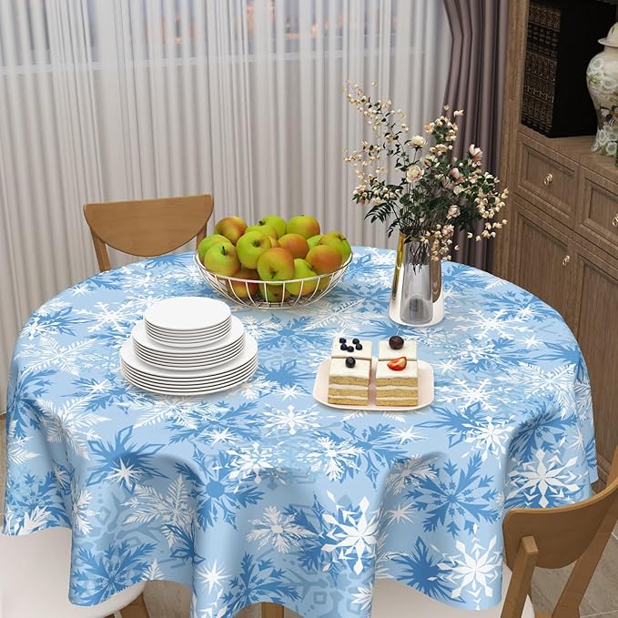 Blue Christmas Round Tablecloth 70 Inch Winter Snowflake Blue and White Table Cloth Round Xmas Holiday Table Cover for Kitchen Dinner Home Decor