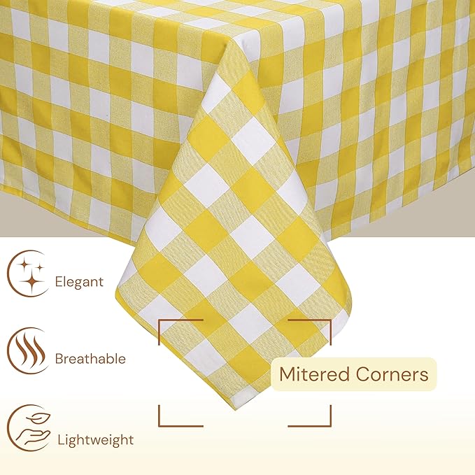 Lemon Yellow and White Buffalo Check Tablecloth, 52x70 Inches, Plaid Dining Table Cover, 100% Cotton, Washable, Reusable Table Linen for Holiday Gatherings, Wedding and Everyday Décor