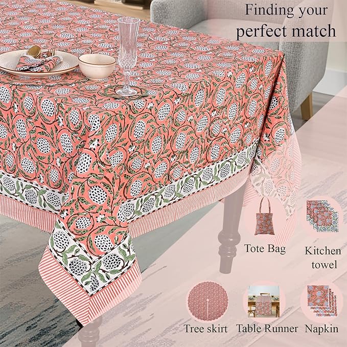 Ridhi Hand Block Print Dark Salmon Pink Rectangle Cotton Tablecloth 118" x 70" Reusable Table Cover Decorative Everyday Use for Dining, Farmhouse, Home Gift for Spring, Easter, Valentine