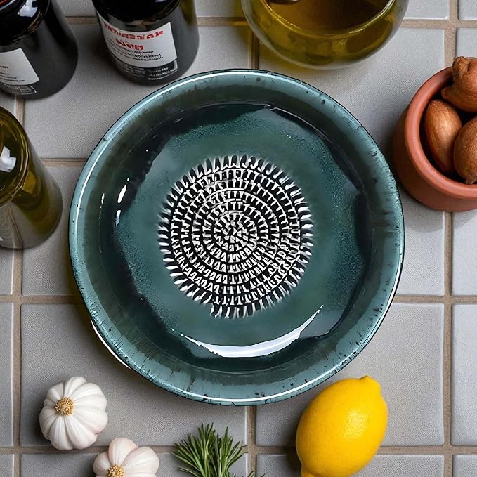 Ceramic Grater Bowl, Garlice Grater Plate, Handmade Ginger Grater, Mincer Bowl for Cheese &Vegetables, Ceramic Decorative Mincer, Hand Dish for Garlic (Moss Green)