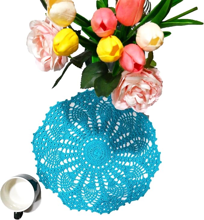 BIBITIME Lace Doilies Crochet Handmade Lace Coasters Round Placemat Rustic Table Doilies Decors for Kitchen Dining Room Party Dressers (11 inches to 12 inches,Pack of 2 PCS, Bright Lake Blue)
