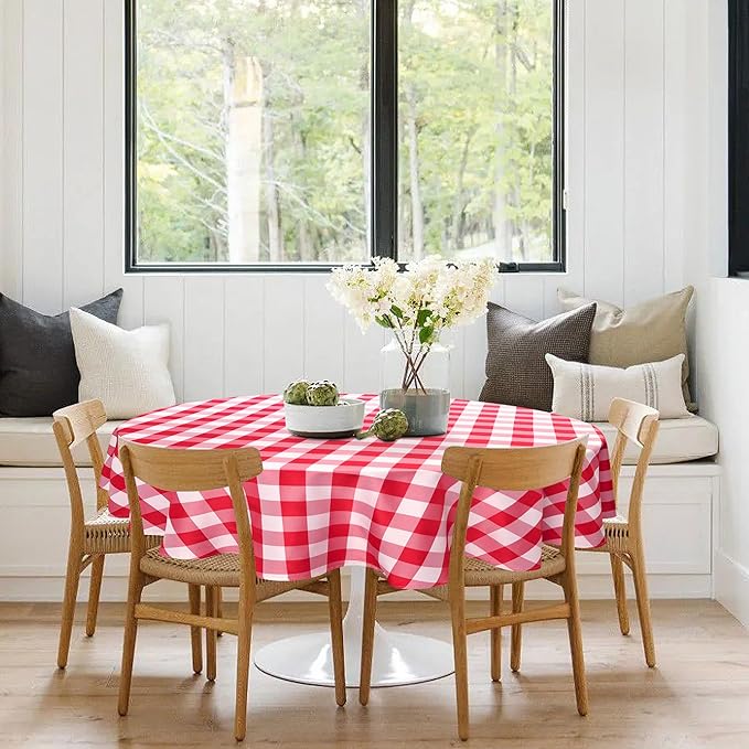 Hiasan Checkered Round Tablecloth 120 Inch - Waterproof Stain and Wrinkle Resistant Washable Fabric Table Cloth for Dining Room Party Outdoor Picnic, Red and White Gingham Pattern
