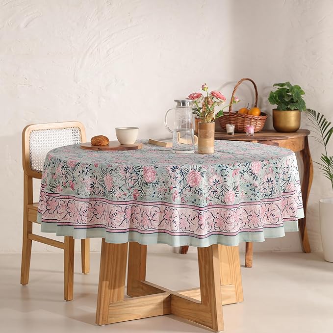 Hand Block Printed Table Cover - Exquisite Design, Premium Cotton Fabric, Perfect for Dining and Decor, Dining Table Linen(Mint Green,10 Seater 108 Inches Round)