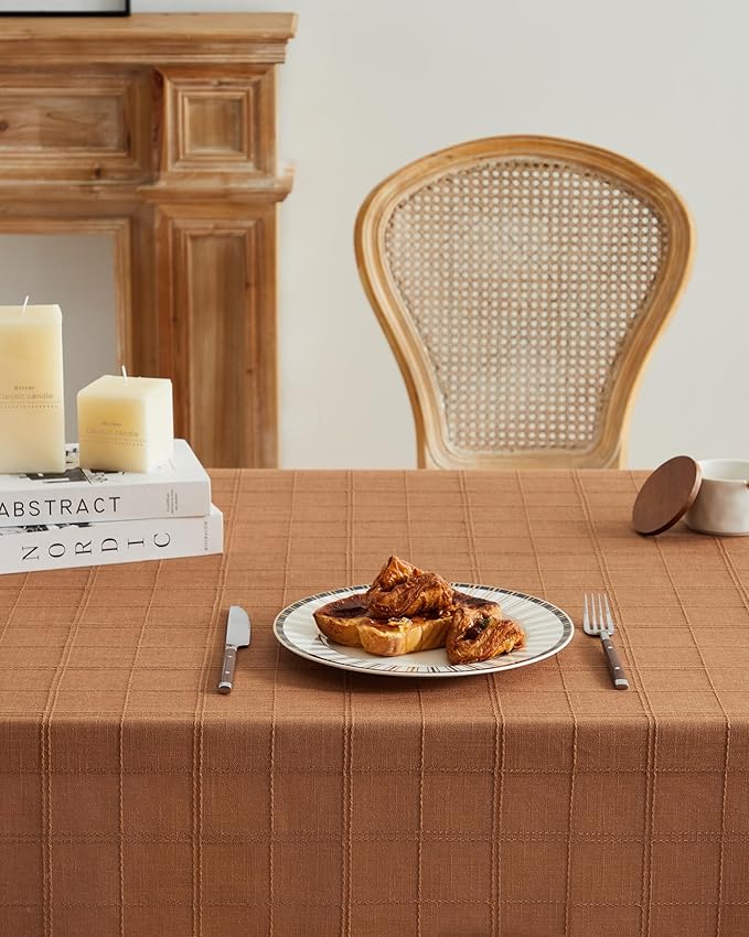 ZeeMart Linen Checked Table Cloth, Farmhouse Style Plaid Embroidered Caramel Tablecloth, Water Resistant Rectangle Table Cloth, Caramel 60x84 Inches