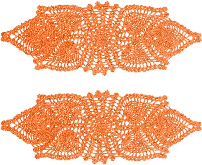 BIBITIME Crochet Lace Table Doilies Eyes Flower Doily Kitchen Vase Place Mats (7 in x 21 in,Pack of 2PCS, Style02-Orange)