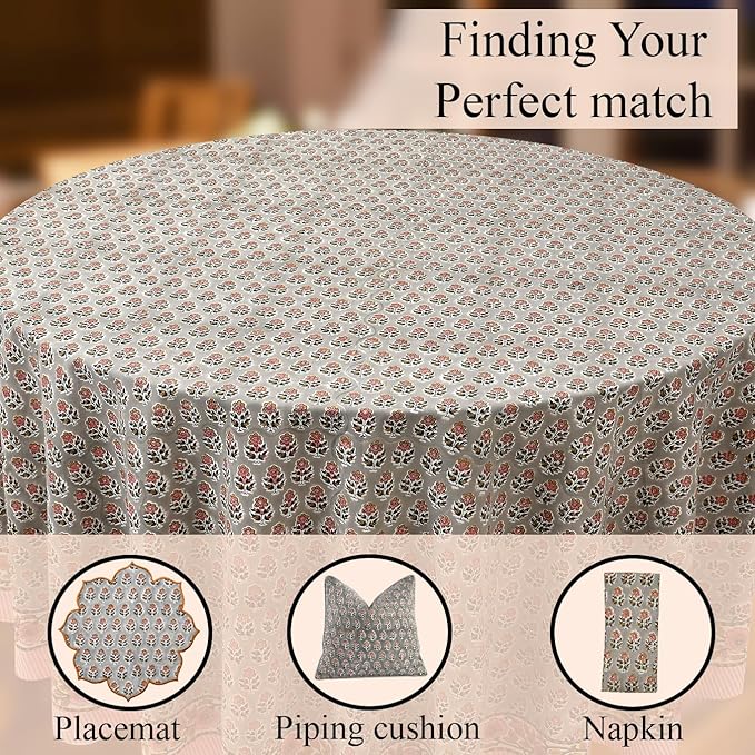 CPC Round Tablecloth- Cotton Indian Block Print Tablecloth -Handmade Printed Washable Cotton Table Cloth - Spring/Summer, Wedding Table Cover - Labra Gray 110 Inches