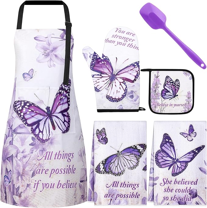 Hoolerry 6 Pcs Kitchen Apron Dish Towels Oven Mitts and Pot Holders with Spatula for Women Wife Grandma Cooking Baking Gifts
