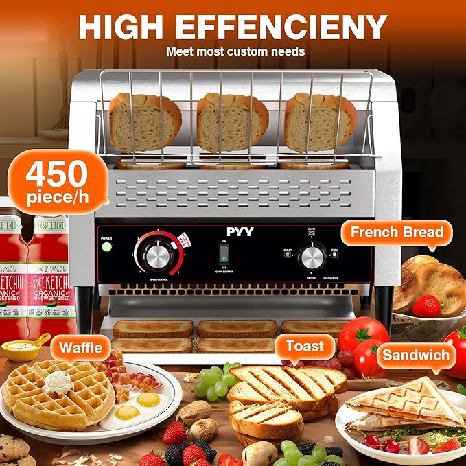 PYY Commercial Conveyor Toaster - Electric Industrial Belt Toasters Oven, 450 Slices/Hour Heavy Duty, Stainless Steel for Bun Bagel Bread Waffle Restaurant Buffet