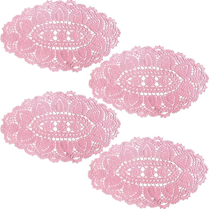 BIBITIME Lace Tablecloth Doily Handmade Crochet Placemat Women Vase Mat Kitchen Table Runner (4PCS- 12 x 22 in, Pink)