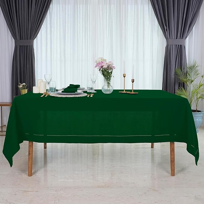 D'Moksha Homes Forest Green Linen Tablecloth for Rectangle Tables 60 x 84 Inch - Classic Hemstitch 100% Pure Linen Green Table Cloth - Machine Washable Dining Tablecloth for St Patricks Day, Easter