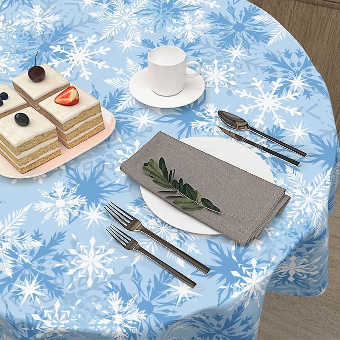 Blue Christmas Round Tablecloth 70 Inch Winter Snowflake Blue and White Table Cloth Round Xmas Holiday Table Cover for Kitchen Dinner Home Decor