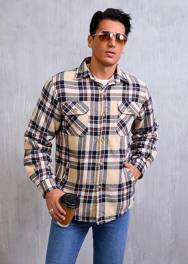 Men's Cotton Sherpa Lined Button Down Flannel Shirt Jacket Plaid Soft Outdoor Flannel Jacket Shirt