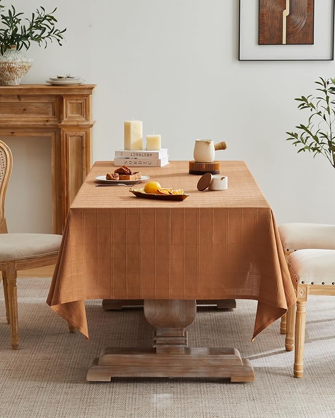 ZeeMart Linen Checked Table Cloth, Farmhouse Style Plaid Embroidered Caramel Tablecloth, Water Resistant Rectangle Table Cloth, Caramel 60x84 Inches